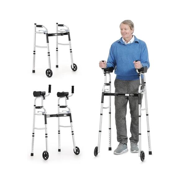 OasisSpace 300lb Capacity Folding Walker - Mobility Aid, 5-Inch Wheels, Armrest - Picture 1 of 7